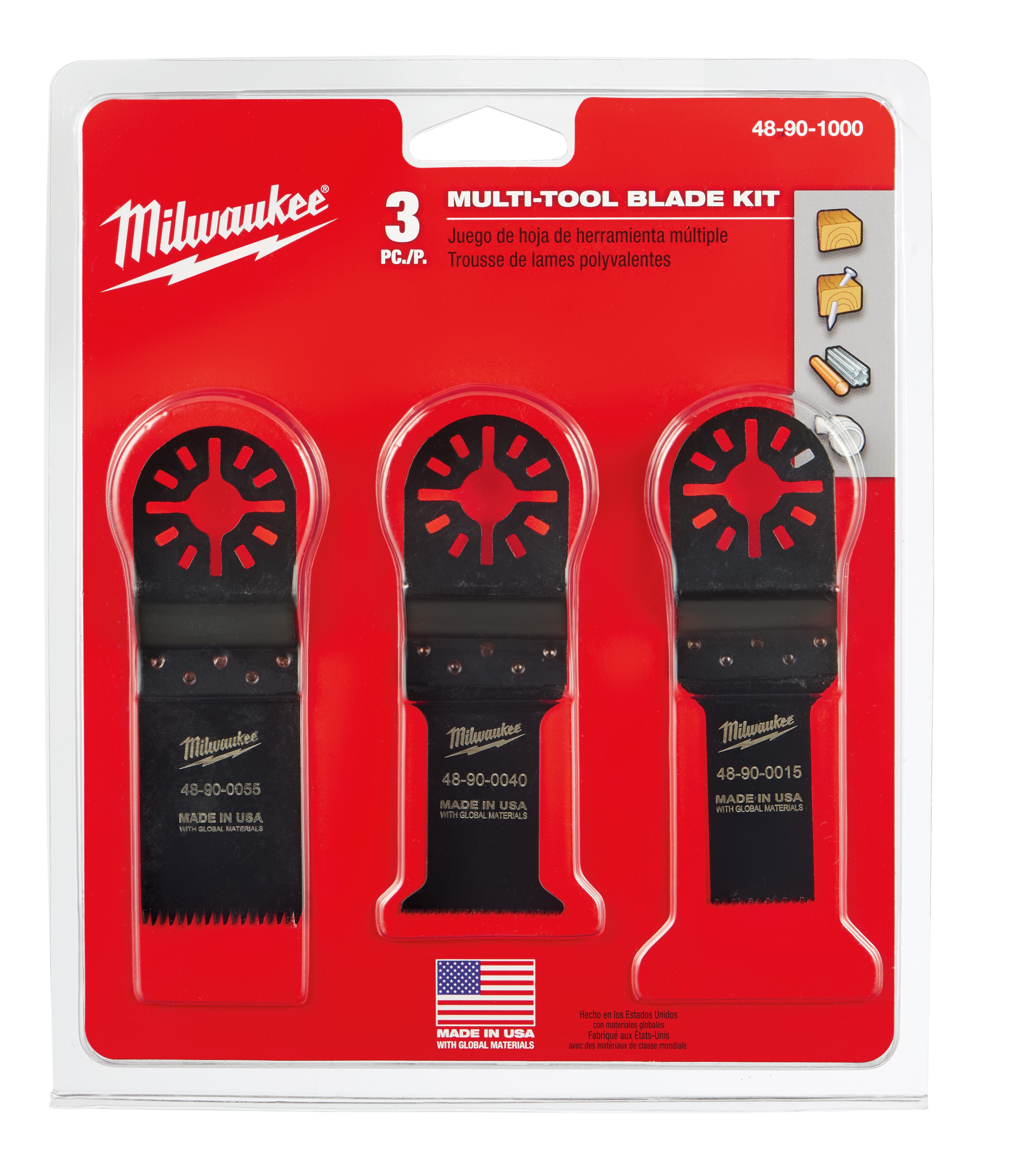 Milwaukee® 48-90-1000 Multi-Tool Blade Kit, For Use With Professional Grade Multi-Oscillating Tool, 3-Piece, 3/4 and 1-1/4 in Size, Bi-Metal/High Carbon Steel